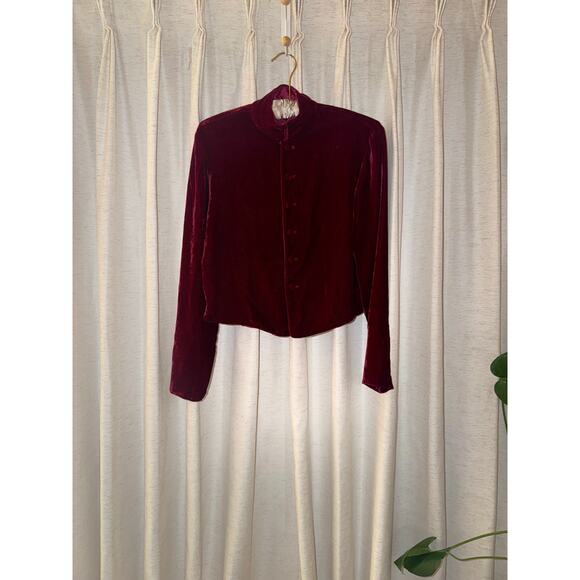 Vintage Ann Taylor Velvet Mandarin Jacket Burgundy Maroon Long Sleeve Top Size S - Picture 2 of 10